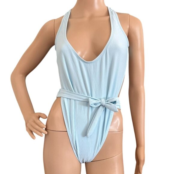 Lunar One Piece Swimsuit Size Large Tie Waist Racerback Design Ris-K Beach Blue - Picture 1 of 9